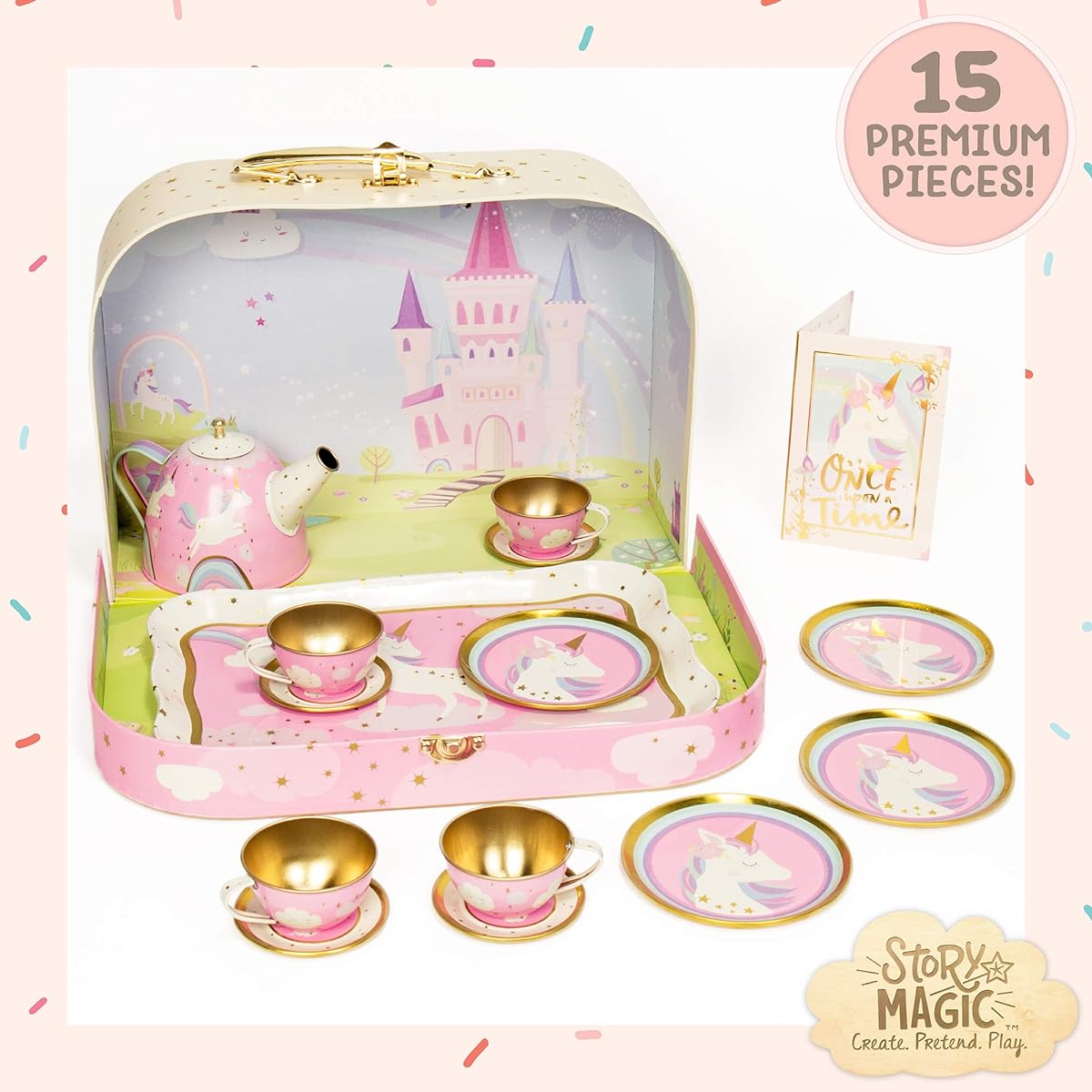 Horizon Group USA Story Magic Tea Party Playset, Unicorn Tea Set, Pretend Play, Play on the Go, Includes Unicorn Storage Carry Case, Teapot, Teacups, Plates and Saucers, Ages 4 and up.