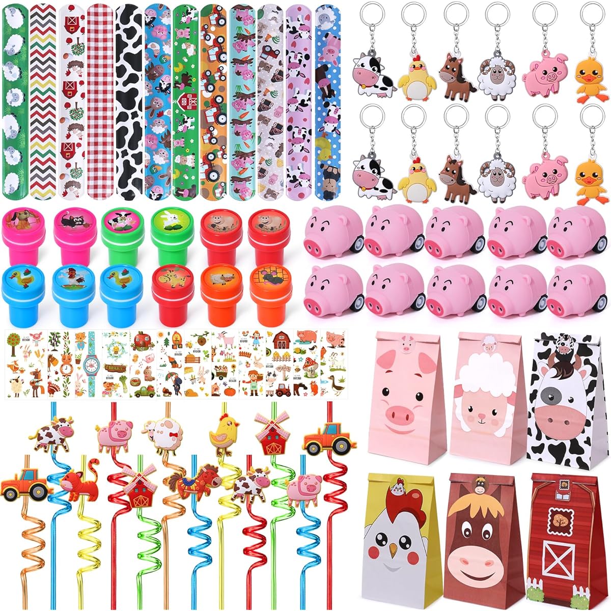 Keleno 84pcs Farm Animal Party Favors Birthday Party Supplies Stickers Slap Bracelet Key Chain Straw Stamp Pig Friction Car Goodie Bag Kids Birthday Goodie Bag Filler Farm Animal Party Decorations