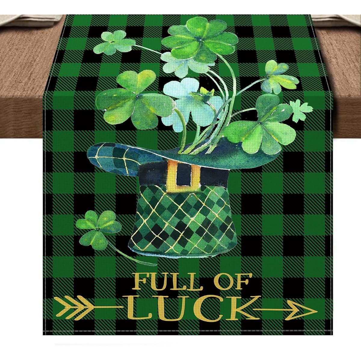 St. Patrick's Day Table Runner Shamrock Big Hat Tablecloth Dining Room Decor Buffalo Check Plaid Seasonal Holiday Kitchen Dining Home Decor 12" x 72"
