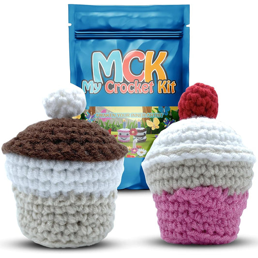 Crochet Kit for Beginners Crochet Starter Kit with Step by Step Guided Video Knitting and Crochet Accessories for Adults Beginners and Professionals 40% Spare Yarn Cupcake Pattern 2 Pack