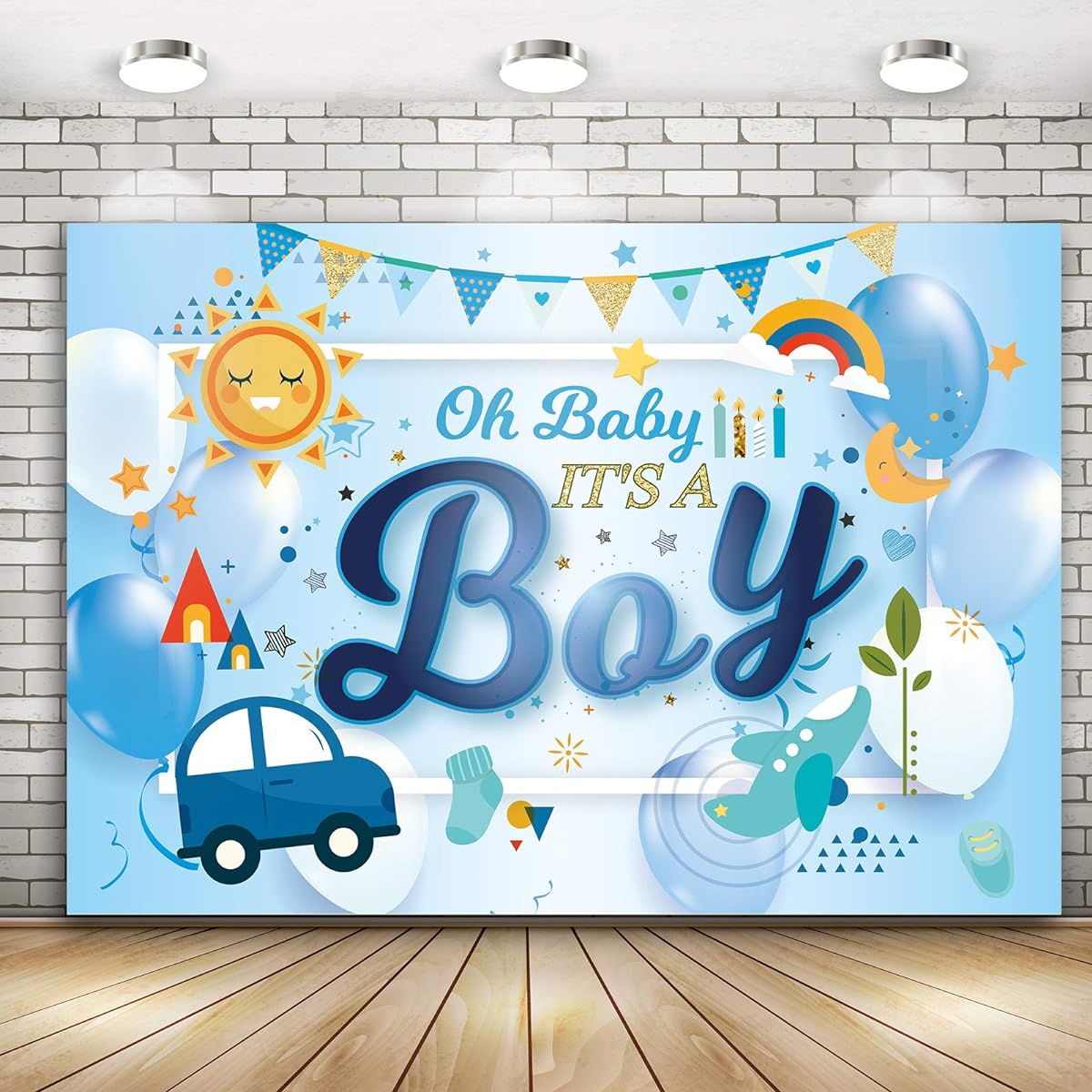 Oh Baby It's a Boy Baby Shower Birthday Party Backdrop Newborn Boy Balloon Car Baby Shower Banner Blue Party Supplies Decorations 71 x 49 inches