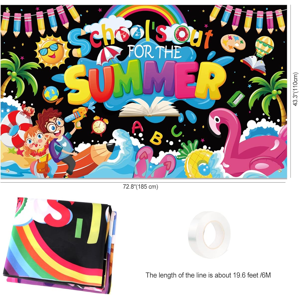 HOWAF School's Out for the Summer Banner,Large Fabric End of School Year Backdrop Banner for Preschool/Kindergarten/Graduation Party Supplies,Summer Vacation Pool Party Banner