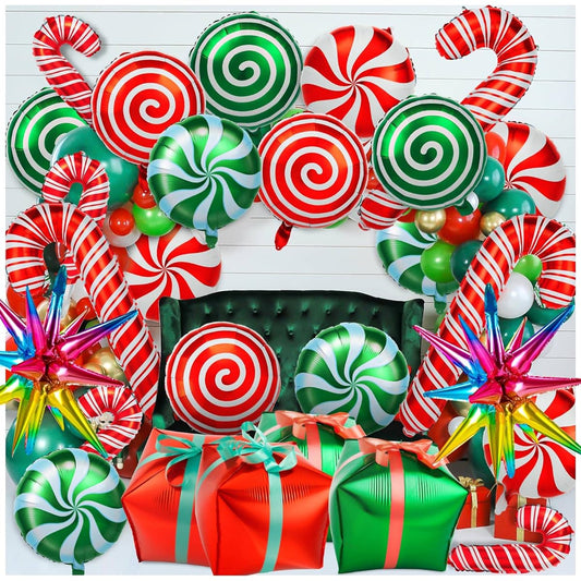 38pcs Candy Cane Balloons Large Christmas Mylar Balloons with 8 Ribbons Red Green Mylar Balloons for Christmas Birthday Candy Theme Party Decorations