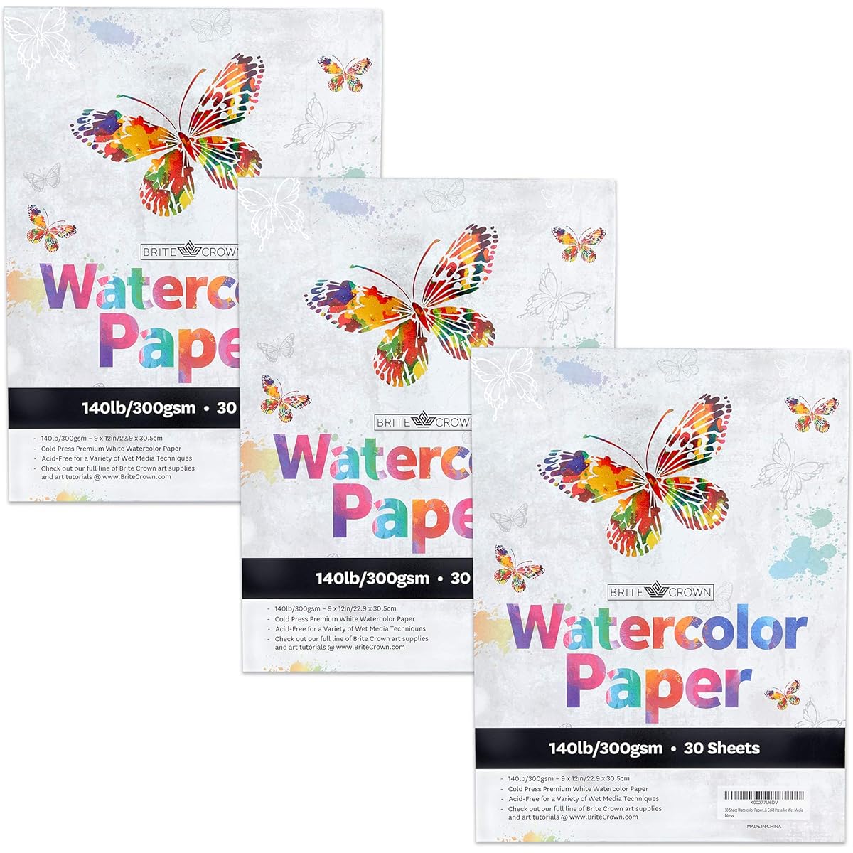 Brite Crown Watercolor Paper Pad 3 Pack 140lb/300gsm Bright White 30 Sheets (9x12) Cold Press Textured Acid Free Watercolor Paper for Kids, Teens, Adults Painters, Wet Media, Mixed Media