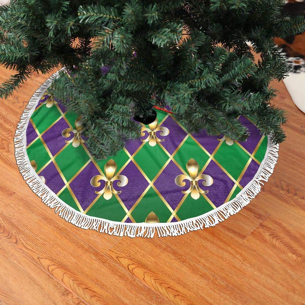 MSGUIDE 48" Christmas Tree Skirt Fleur de Lis Mardi Gras Christmas Halloween Tree Decorative Mat Christmas Decorations Christmas Ornaments