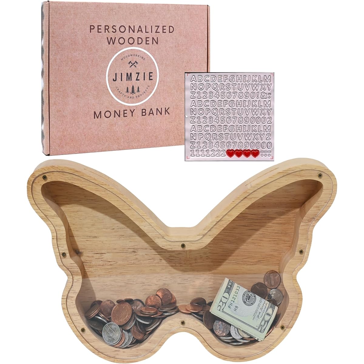 JIMZIE Large Wooden Butterfly Piggy Bank - Personalized Piggy Bank for Kids - Piggy Bank for Adults - Piggy Bank with Transparent Window and Letter Sticker Girls