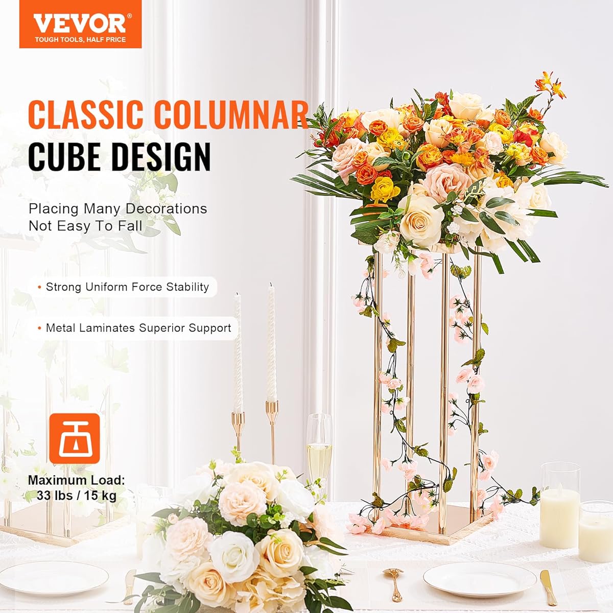 VEVOR Wedding Flower Stands, 4pcs Gold Metal Columns 31.5"/80cm Tall with Metal Laminate, Vase Geometric Centerpiece Stands Cylindrical Floral Display Rack for Event Reception Party Road Lead