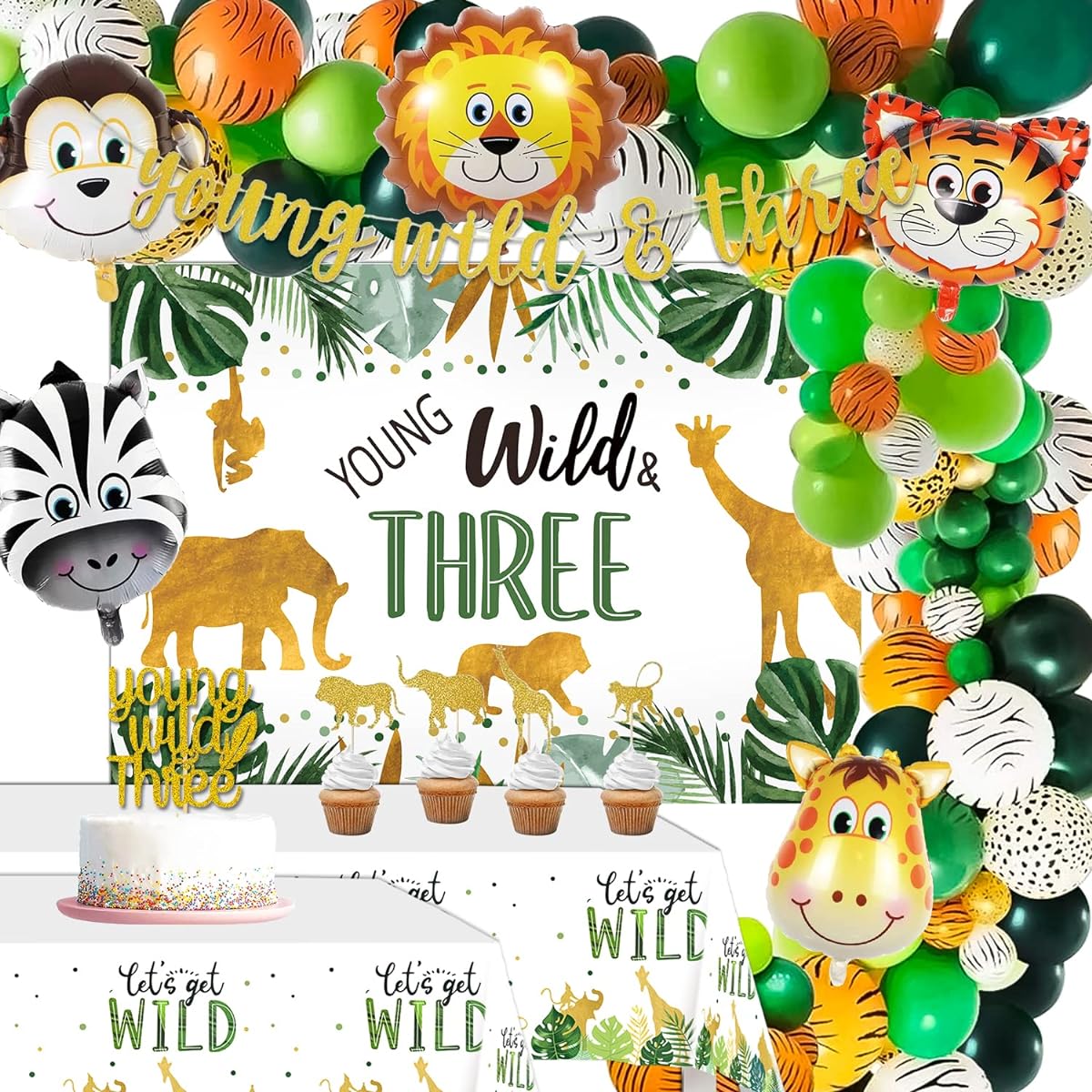 FVABO Young Wild 3 Decorations - Jungle Safari Theme 3rd Birthday Decorations for Boys Girls, Includes Backdrop, Balloon Arch, Banner, Tablecloth, Cake Topper, Young Wild 3 Party Supplies
