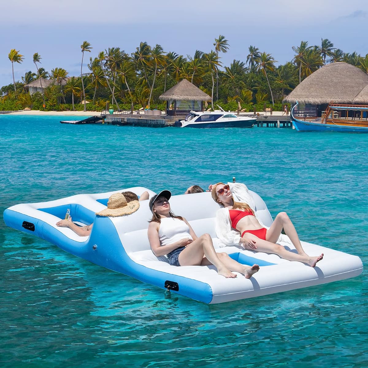 Goplus Inflatable Floating Island Giant 4-6 Person Lake Float Lounge Raft with Ergonomic Backrest and 4 Cup Holders 130W Inflatable Sunbathing Pool Float for Pool Beach Lake River 12ft x 6.5ft