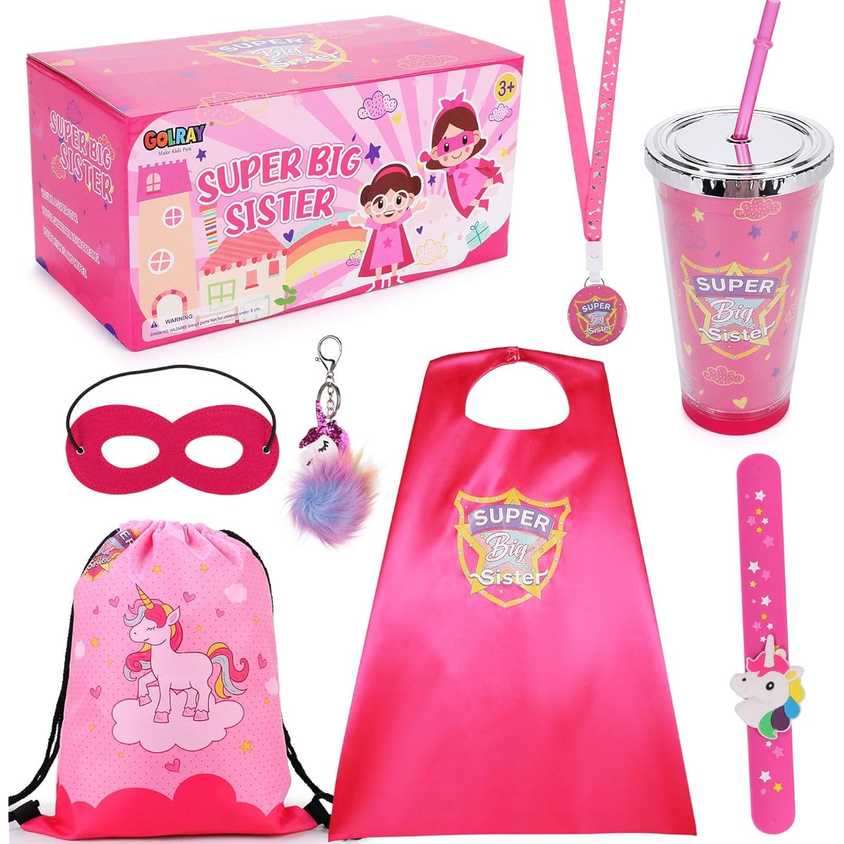 Golray Super Big Sister Gift Set, Superhero Cape Eye Mask Unicorn Slap Bracelet Necklace, Drawstring Backpack, Unicorn Keychain, Insulated Plastic Tumbler Cup, Big Sister Gifts for Little Girls