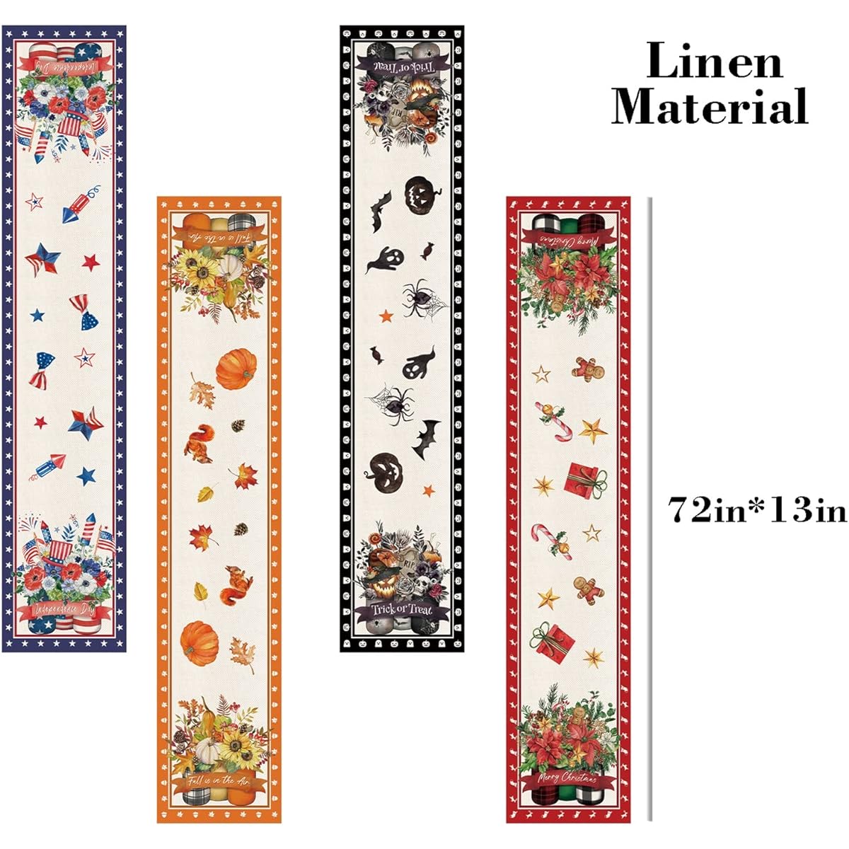 4 Pieces Glass Mason Jar Seasonal Table Runner Independence Day Thanksgiving Happy Halloween Merry Christmas Table Runner Seasonal Holiday Kitchen Dining Table Decoration 13 x 72 Inch