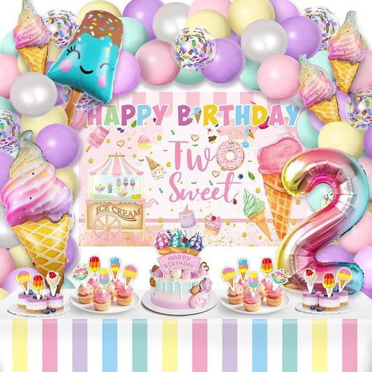 2 Sweet Birthday Decorations, Ice Cream Birthday Party Decorations, 2 Sweet Background Ice Cream Balloon Garland Cake Toppers, 2nd Birthday Decorations for Girls.