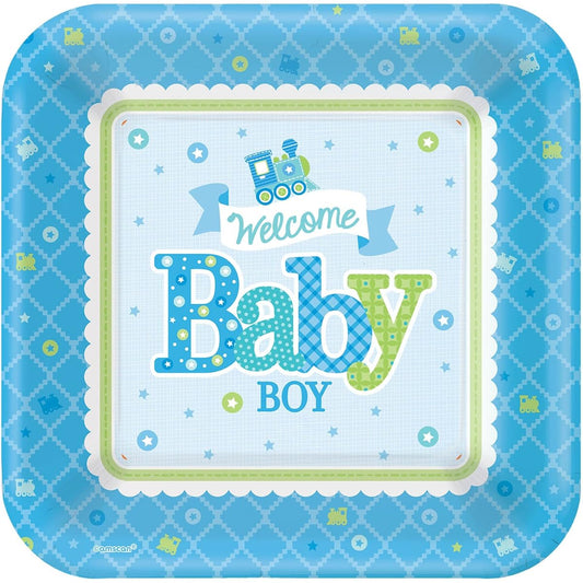Amscan Charming Welcome Little One Boy Square Plates Baby Shower Party Supplies, 25cm , Blue/White/Green