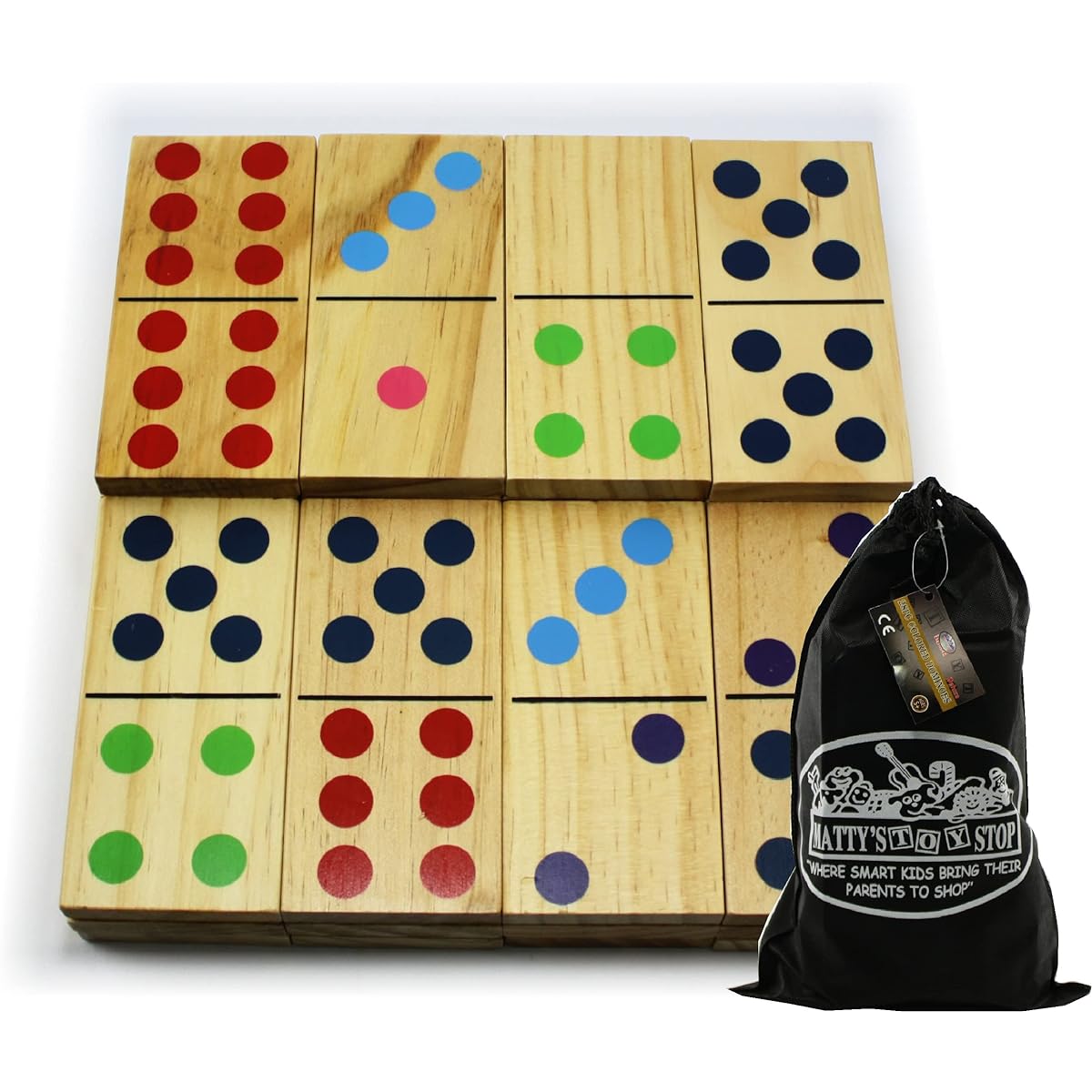 Matty's Toy Stop Deluxe Giant Wooden Dominoes Double Six (13cm ) Colour Dot, 28 Piece Set with Storage Bag