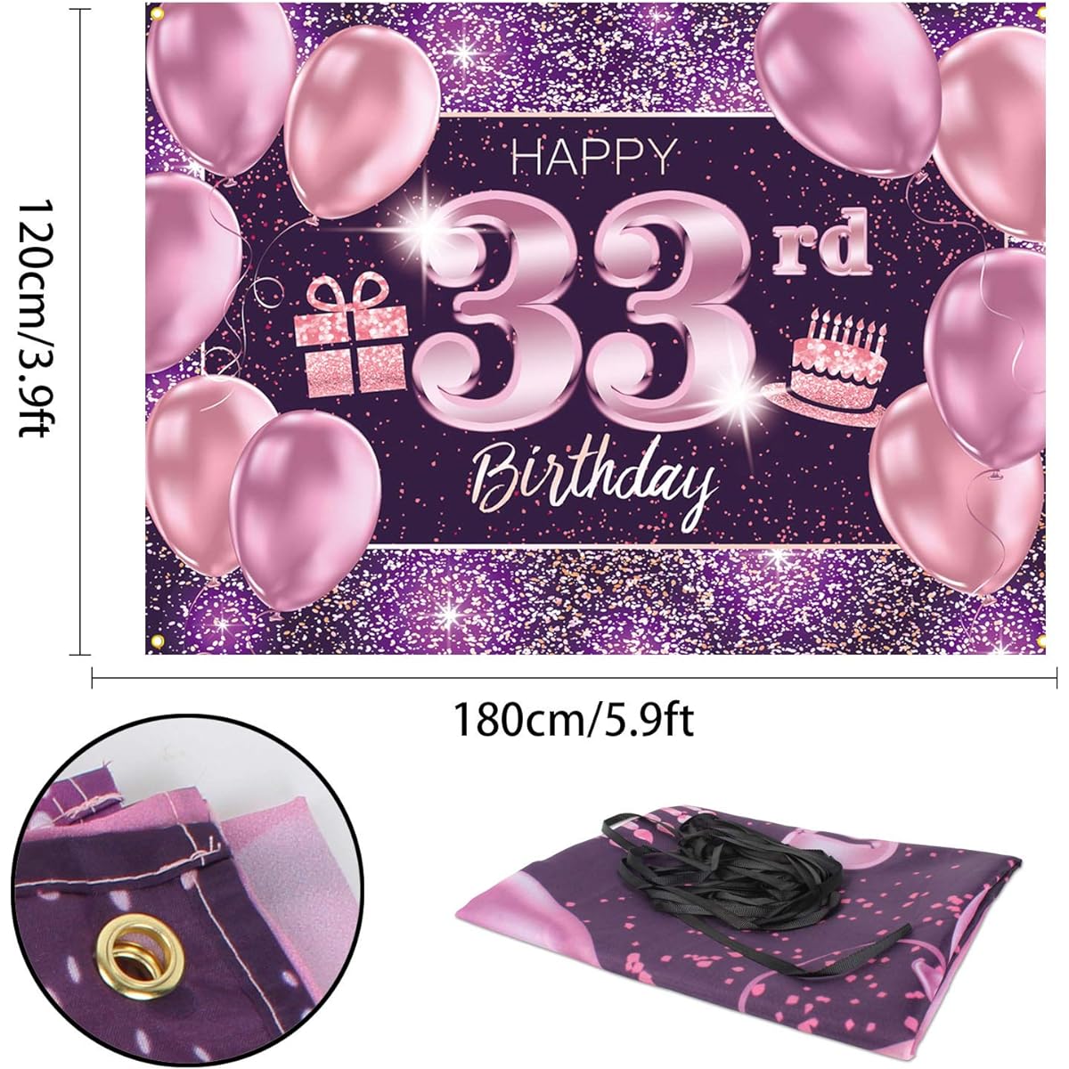 PAKBOOM Happy 33rd Birthday Banner Backdrop - 33rd Birthday Party Decorations Supplies - Pink Purple Gold 4 x 6 Feet