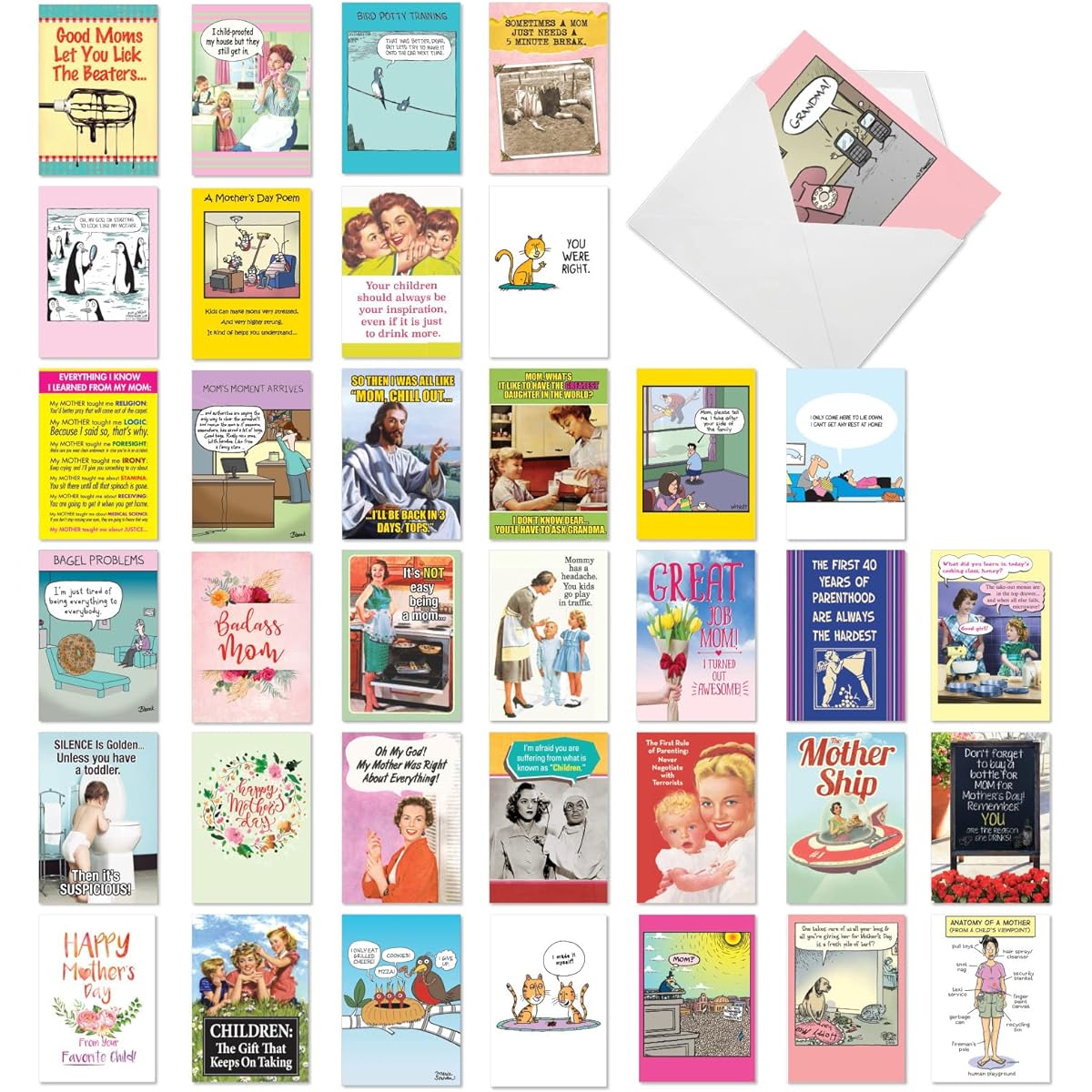 NobleWorks 36 Assorted Box Set Funny Mother's Day Greeting Cards with 5" x 7" Envelopes (1 of 36 Designs) Top Moms AC10242MDG-B1x36