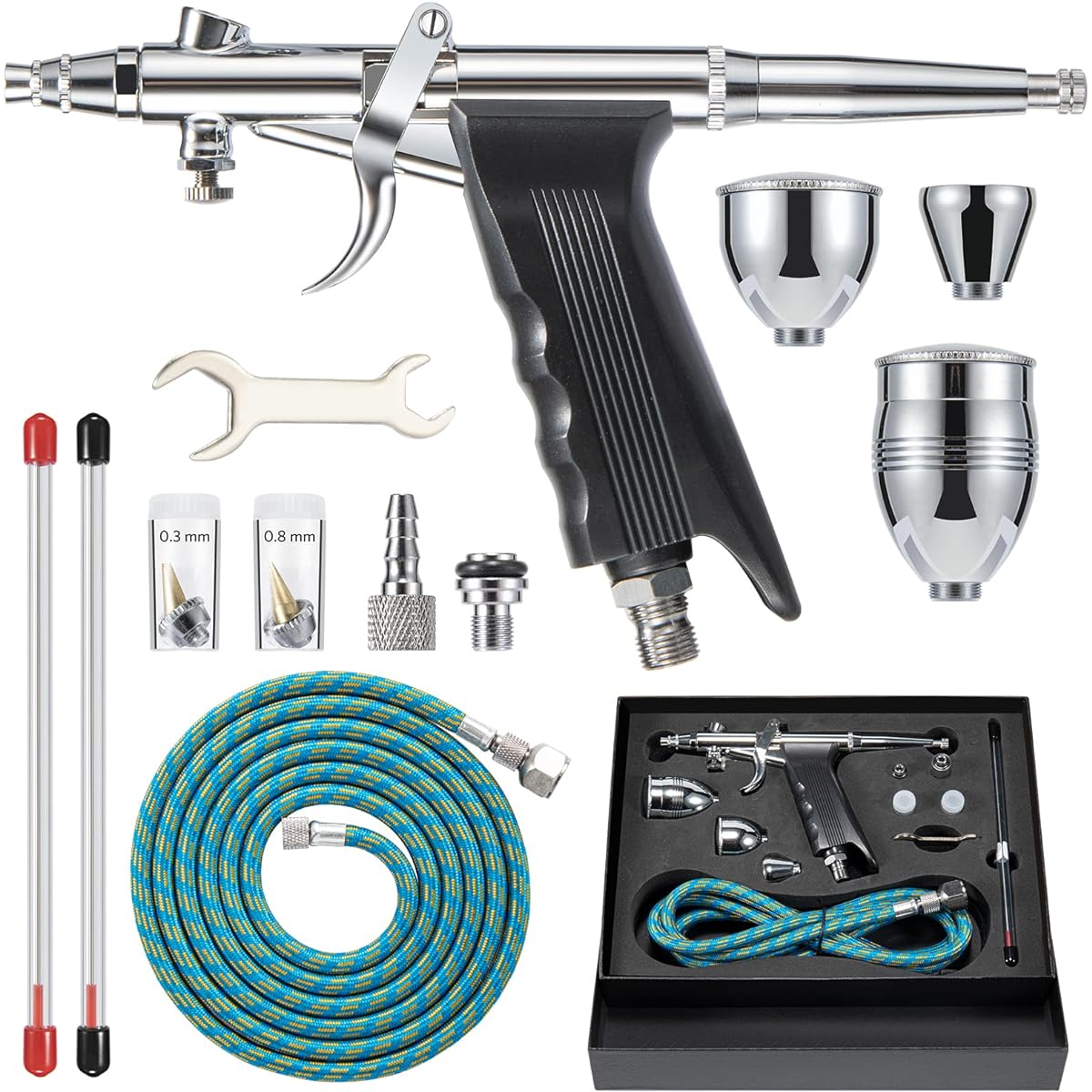 Airbrush Kit Airbrush Painting Set Double Action Trigger Airbrush Gun with 0.3mm/0.5mm/0.8mm Needle 2cc/5cc/13cc Paint Cup Airbrush Spray Tool Set for Nail/Cake/Tattoo Makeup