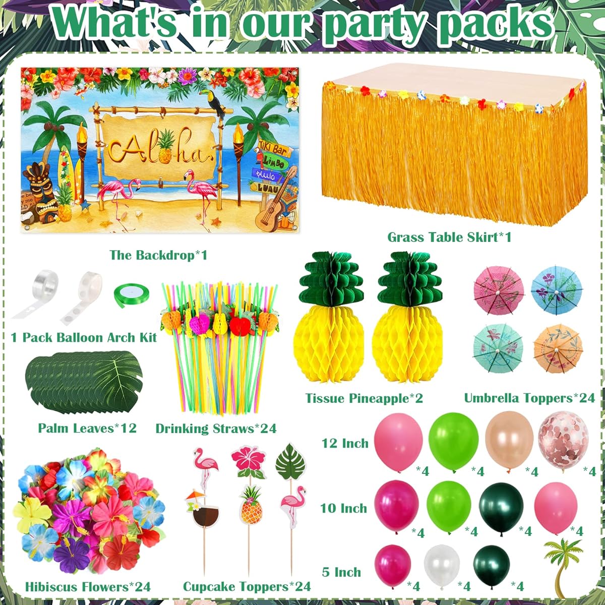 Hawaiian Luau Party Decorations Pack (159 Pieces) Tropical Beach Theme Aloha Summer Party Supplies Kit (Table Skirt, Backdrop, Balloons, Straws, Hibiscus Palm Leaves, Food Toppers, Pineapples)
