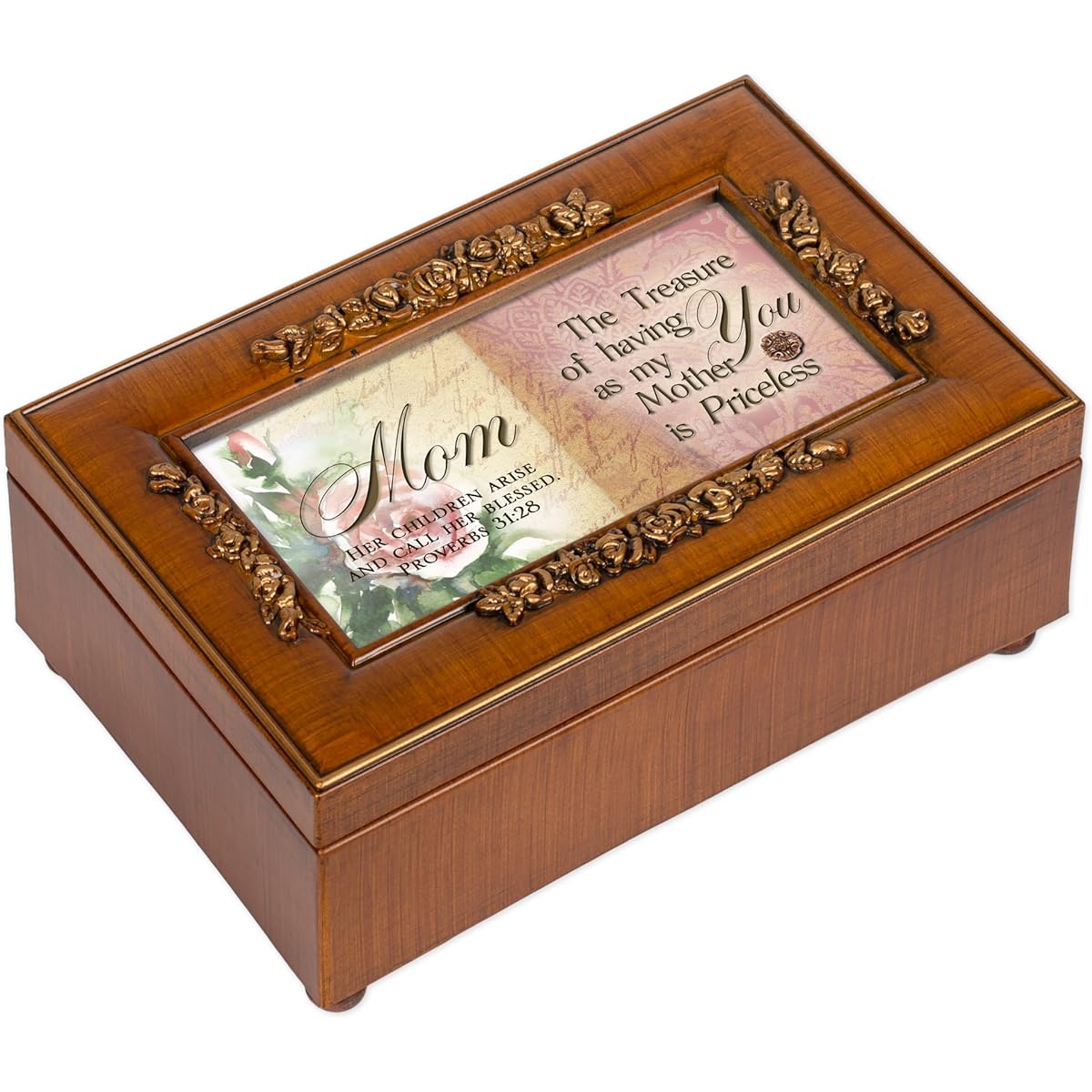 Cottage Garden Mom Woodgrain Petite Rose Music Box / Jewellery Box Plays Amazing Grace