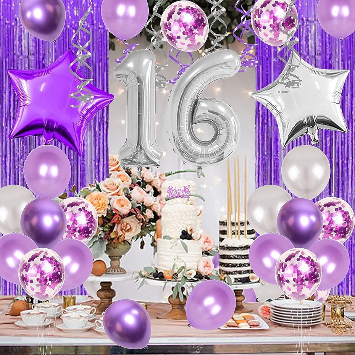 Purple 16th Birthday Decorations for Girls, Purple Sweet 16th Birthday Supplies, Happy Birthday Banner, Cake Topper, Fringe Curtain, Silver Number 16 Foil Balloon, Party Decorations