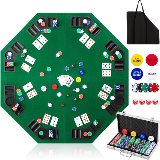 Aoriher 48" Foldable Poker Table Top Set for 8 Players Octagon Blackjack Texas Portable Non-Slip Poker Table Mat with Cup Holder Carry Bag Chip Case Chips Dice Family Game Casino