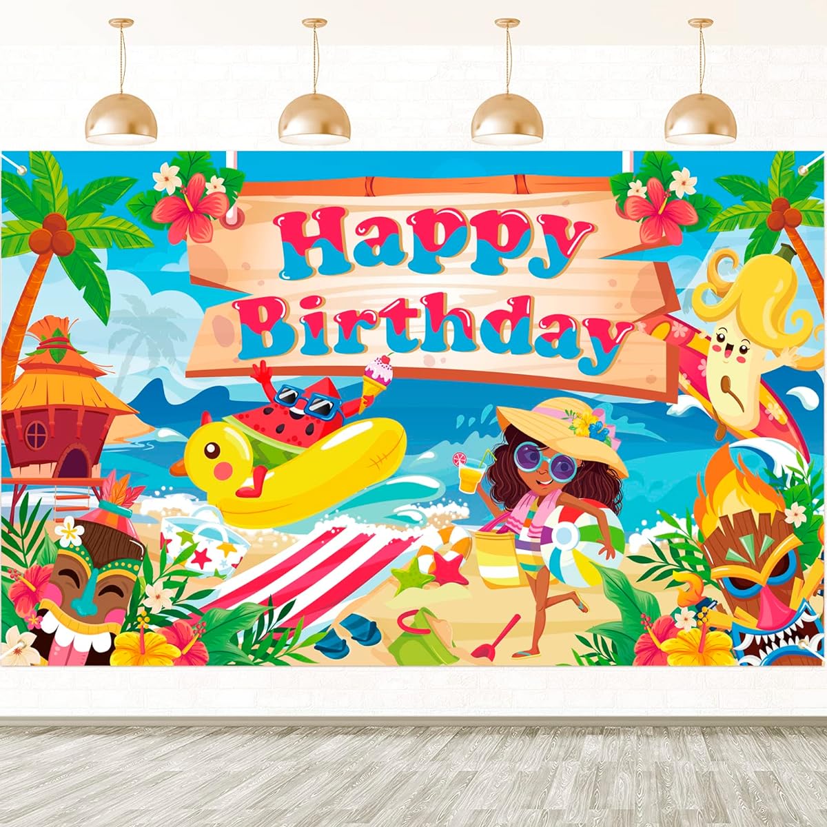 HOWAF Summer Themed Happy Birthday Backdrop Banner, Summer Beach Themed Birthday Party Banner, Hawaiian Luau Birthday Party Supplies, Tropical Themed Birthday Photo Backdrop Banner