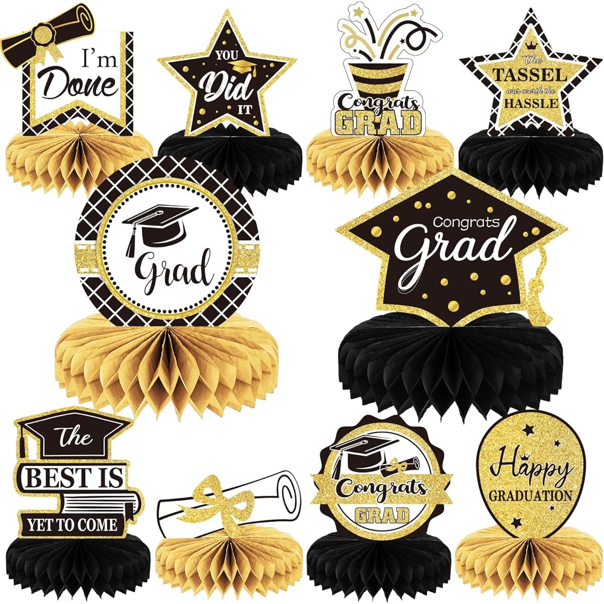 Graduation Party Decorations 2022 Graduation Party Decorations Graduation Honeycomb Centerpieces Blessing Graduation Table Toppers for Graduation Party Favors (Black Gold) 10pcs