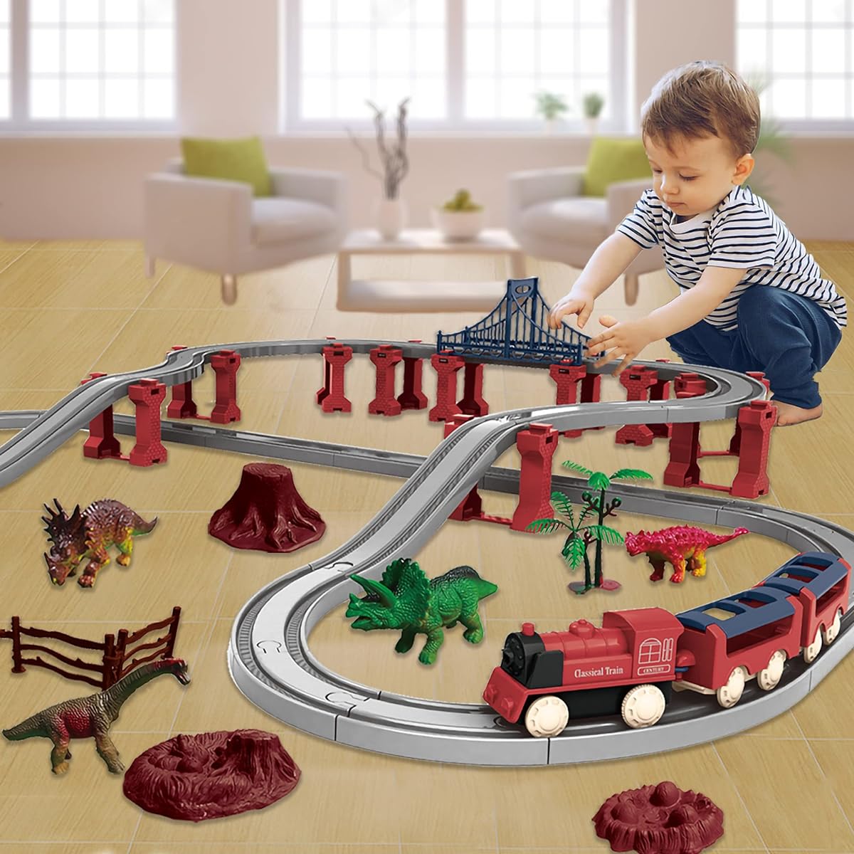 HSEONEJIA 78 Pieces Large Dinosaur Track Toy Set with Bridge, Plastic Tracks, Wooden Tracks, Compatible with Thomas/BRIO/Melissa and Doug, Ages 3+, Boys and Girls (Red)