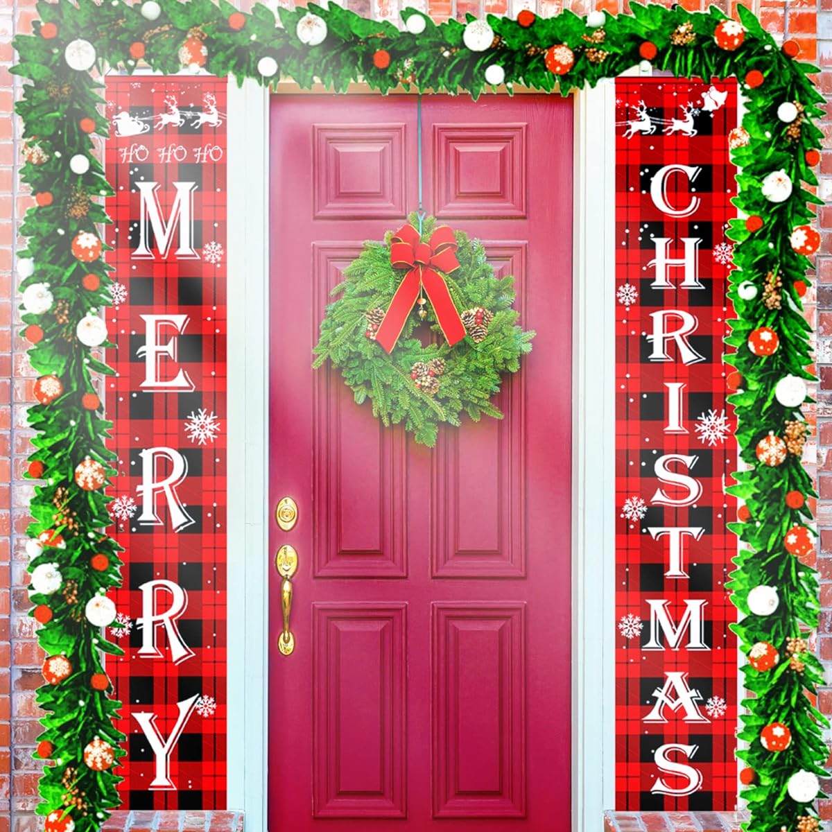 Merry Christmas Banner Christmas Decoration Door Porch Sign Party Decoration Red Buffalo Check