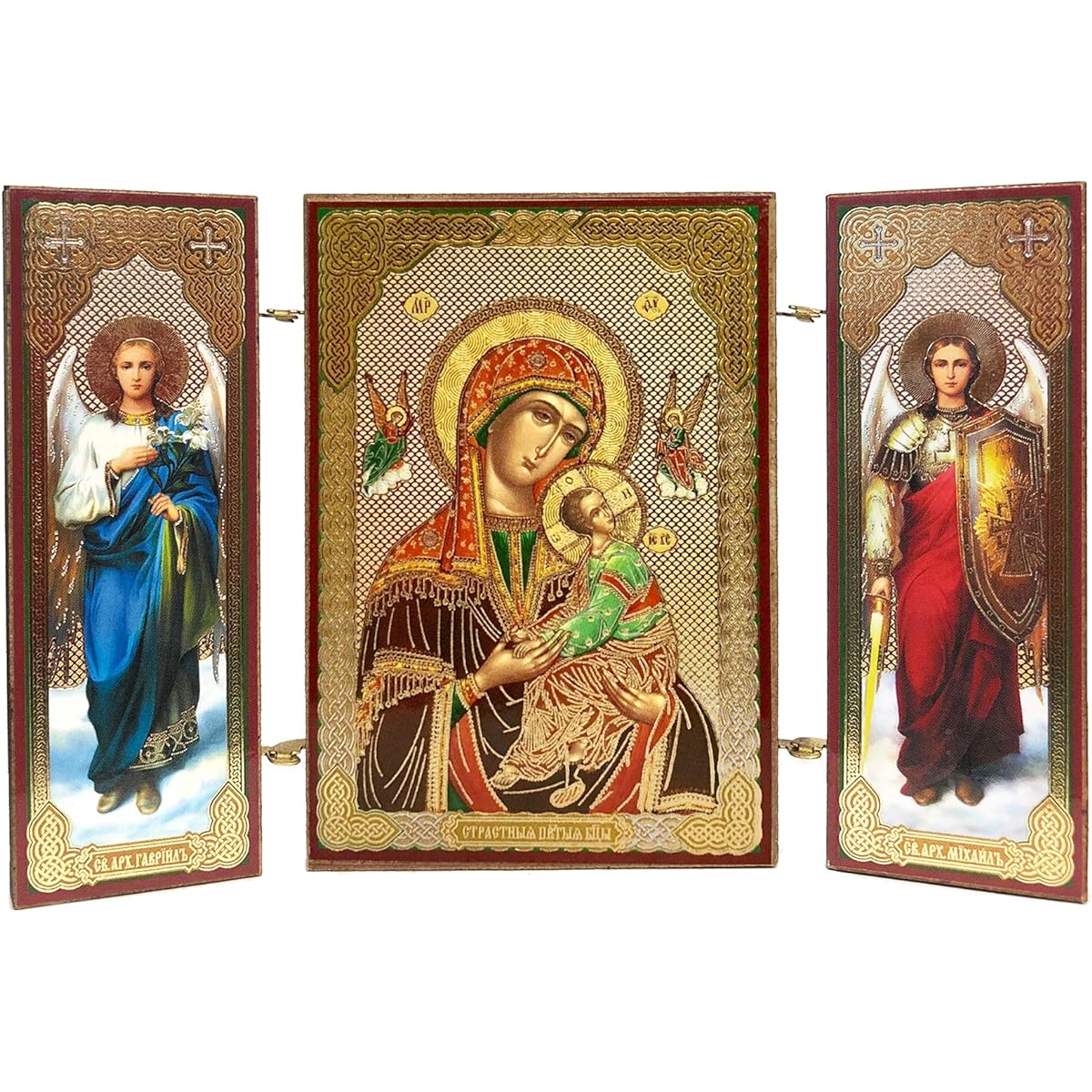 Needzo Our Lady of Perpetual Help Icon Christ Triptych Archangels Michael and Gabriel 3 3/8"