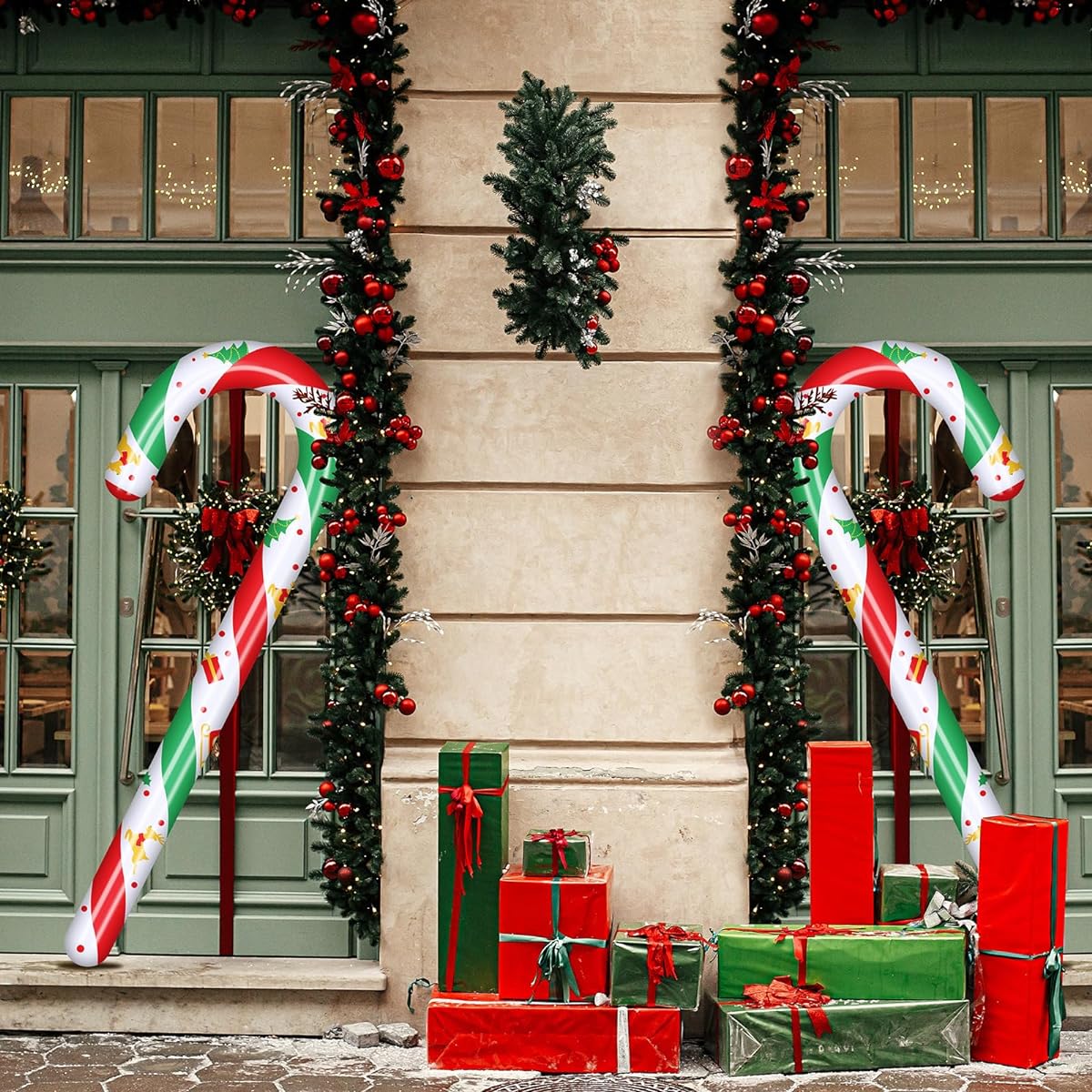 Syhood 2pcs 3.5ft Inflatable Christmas Candy Canes with Air Pump Red Green Candy Canes Inflatable Christmas Candy Canes Tree Hanging Ornaments Christmas Indoor Outdoor Decorations