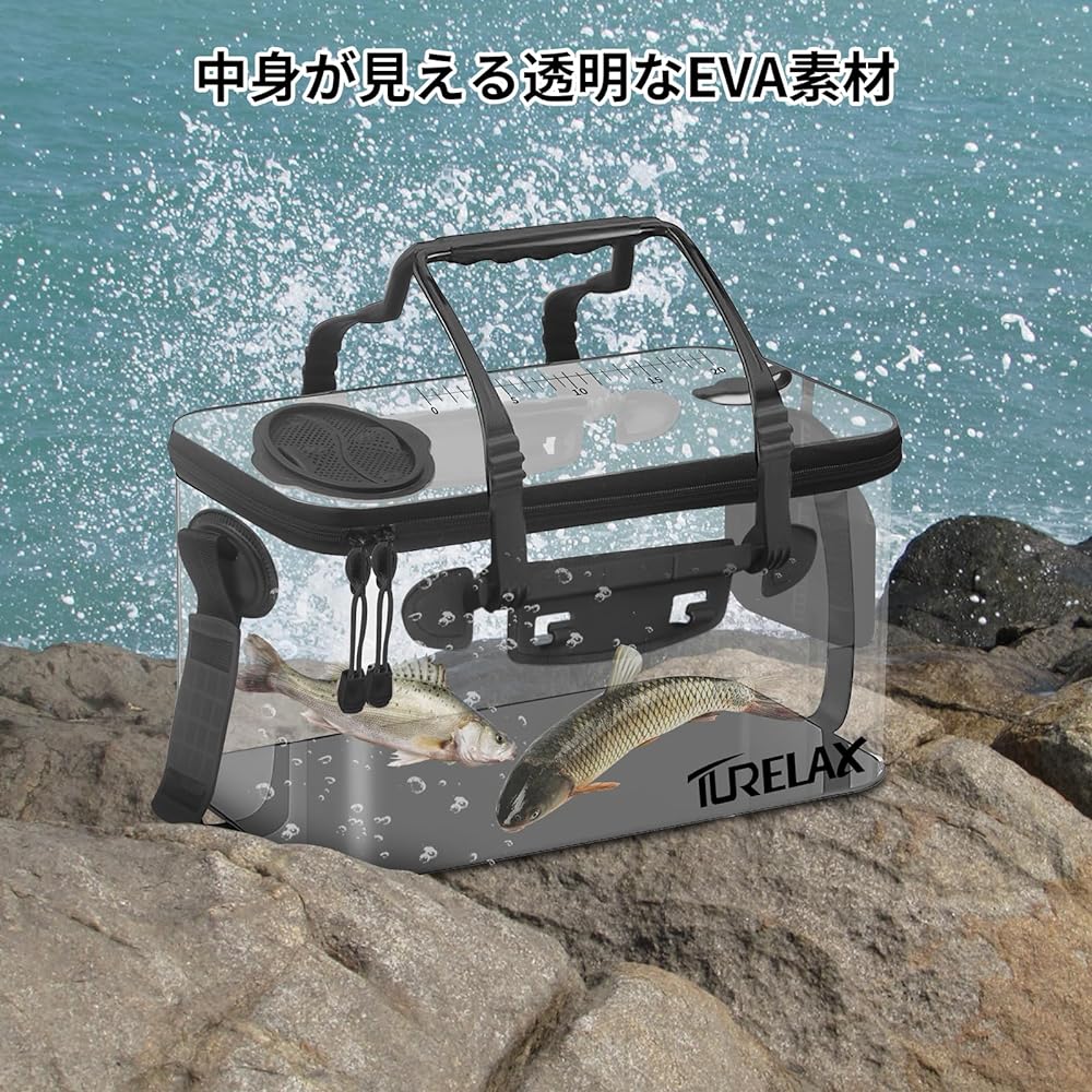 TURELAX Fishing Bucket 30cm/40cm/45cm Transparent Foldable Compact Contents Visible Spring Cover with Pump Holder Non-slip Bottom Shoulder Belt Lightweight EVA Material (Transparent, 40cm)