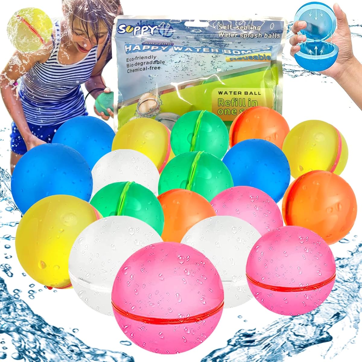 Reusable Water Balloon Water Bomb Splash Ball Quick Fill Self Seal Silicone Refillable Water Ball Outdoor Activities Summer Toys Pool Beach Water Games Toys Ages 4-12 (18 Pieces)
