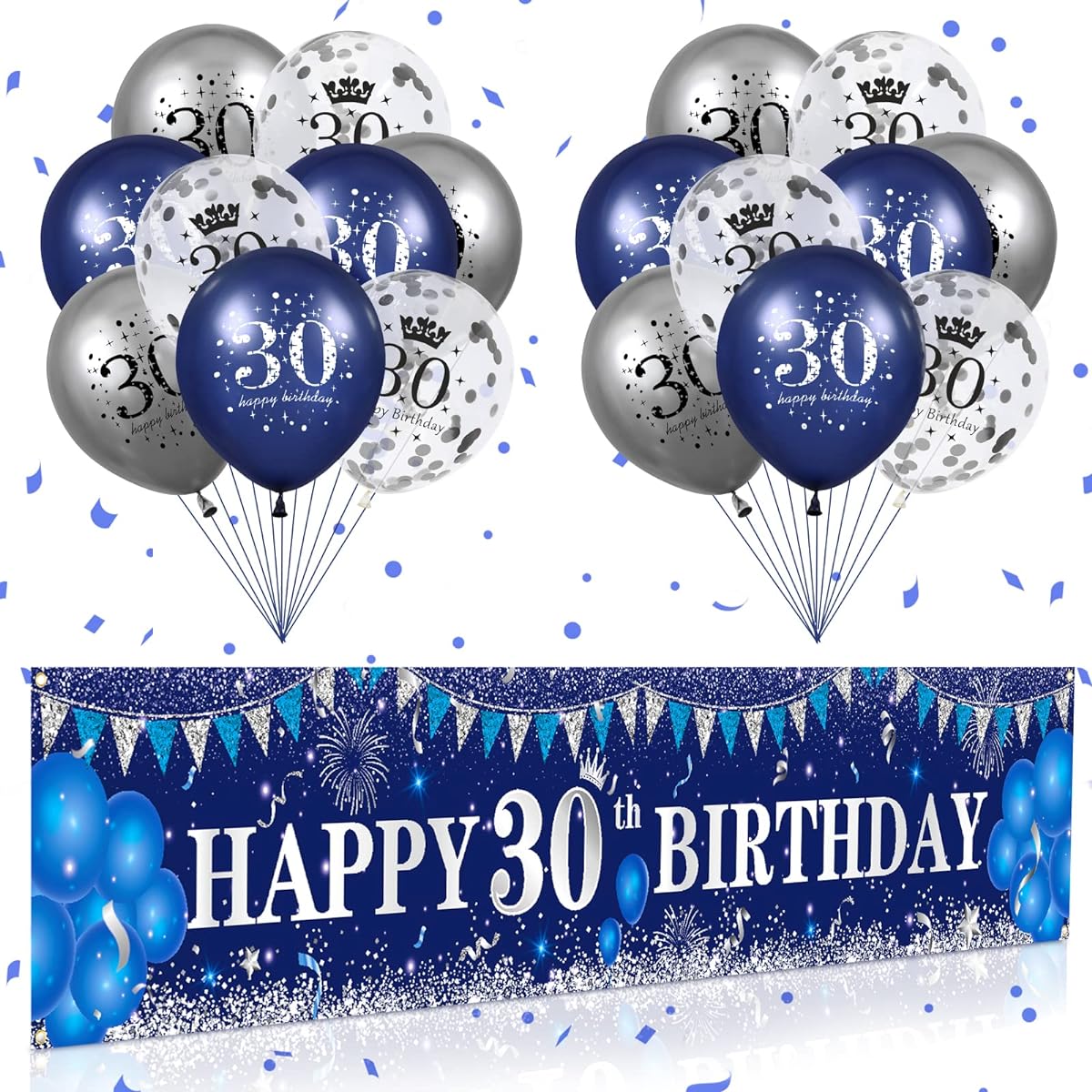 Blue 30th Birthday Decoration Men's Women's Navy Blue Silver 30th Birthday Yard Banner Blue 30th Birthday Balloon 30th Birthday Anniversary Party Decoration Supplies