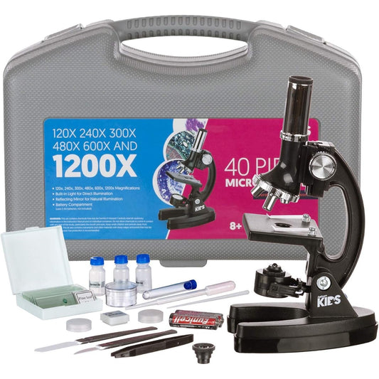 AmScope -KIDS 120X-240X-300X-480X-600X-1200X Educational Beginner Biological Microscope Kit with Metal Frame