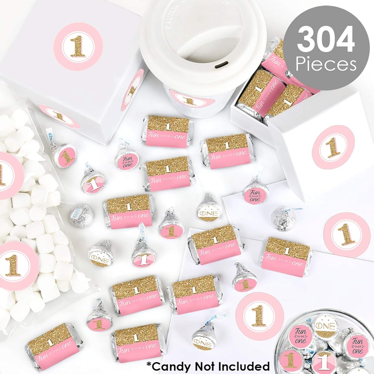 1st Birthday Girl - Fun to be One - Mini Candy Bar Wrappers, Round Candy Stickers, Circle Stickers - First Birthday Party Candy Favors Sticker Kit - 304 Pieces