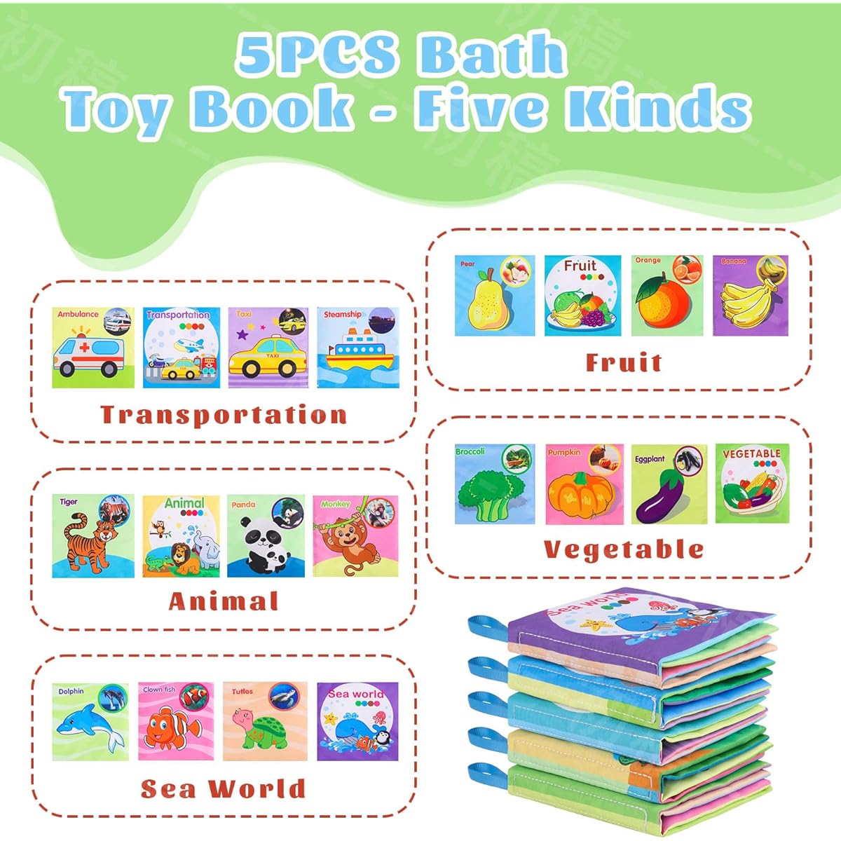 Baby Bath Books 5 Pieces Non-Toxic Waterproof Durable Preschool Toys for Babies Toddlers Kids Baby Books