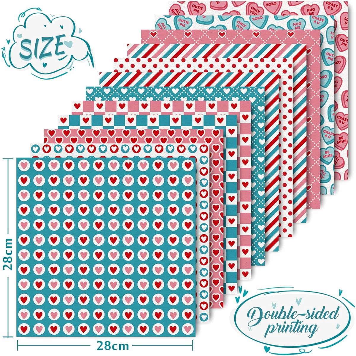 Whaline 12 Designs Valentine Pattern Paper Pack 24 Sheets Heart Love Scrapbook Specialty Paper Pink Blue Red Collection Double Sided Decorative Craft Paper for Card Making Scrapbooking