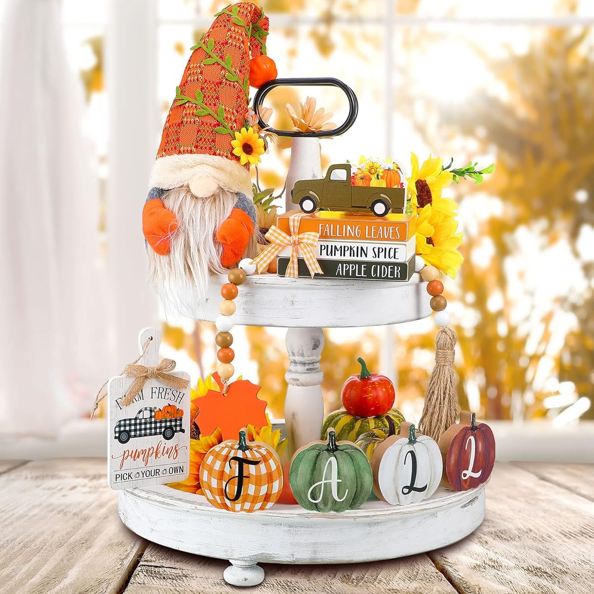 Tiered Tray Fall Decor Wooden Fall Decor Thanksgiving Decoration Farmhouse Bead Truck Pumpkin Gnome Home Decor Fall Decor Rustic Fall Sign Table Thanksgiving (Fall)