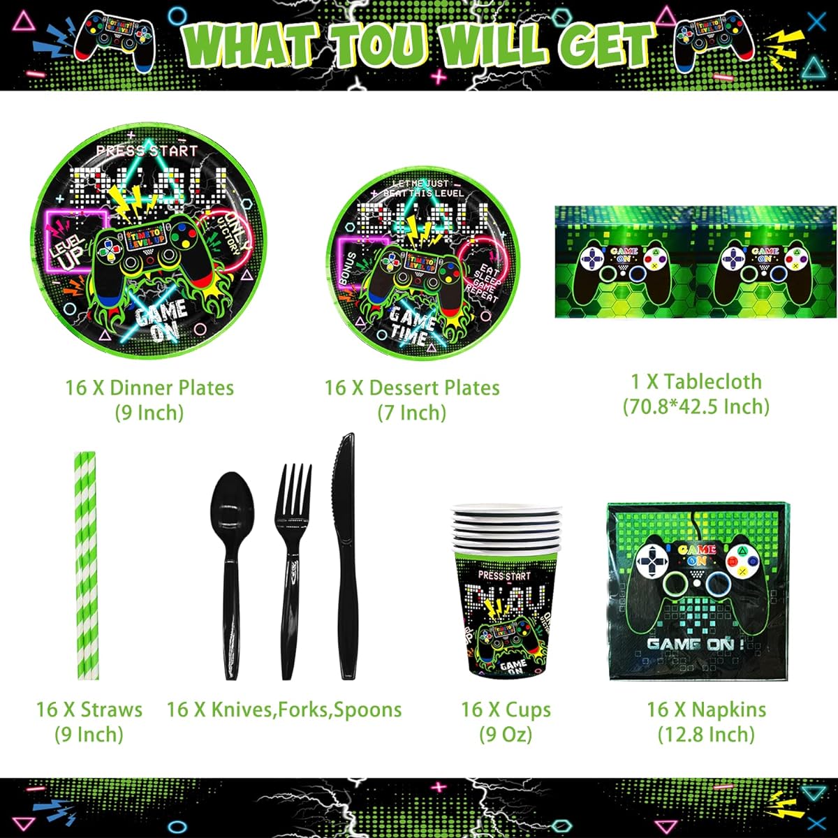 KOTLMIGHT Green Gamer Birthday Party Decorations - 269 Pieces Video Game Gaming Party Supplies for Boys Birthday Party - Table Cover, Utensils, Hanging Swirls, Birthday Banner, Stickers, Bracelets