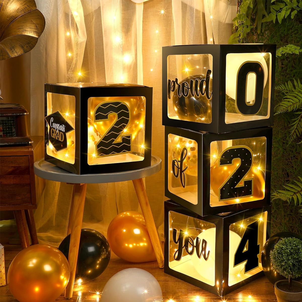 Graduation Box Decorations with Balloons and LED Light String Congrats 2022 Graduation Party Supplies Proud Balloon Box 2022 School College Party Decorations 44 Pieces Black and Gold