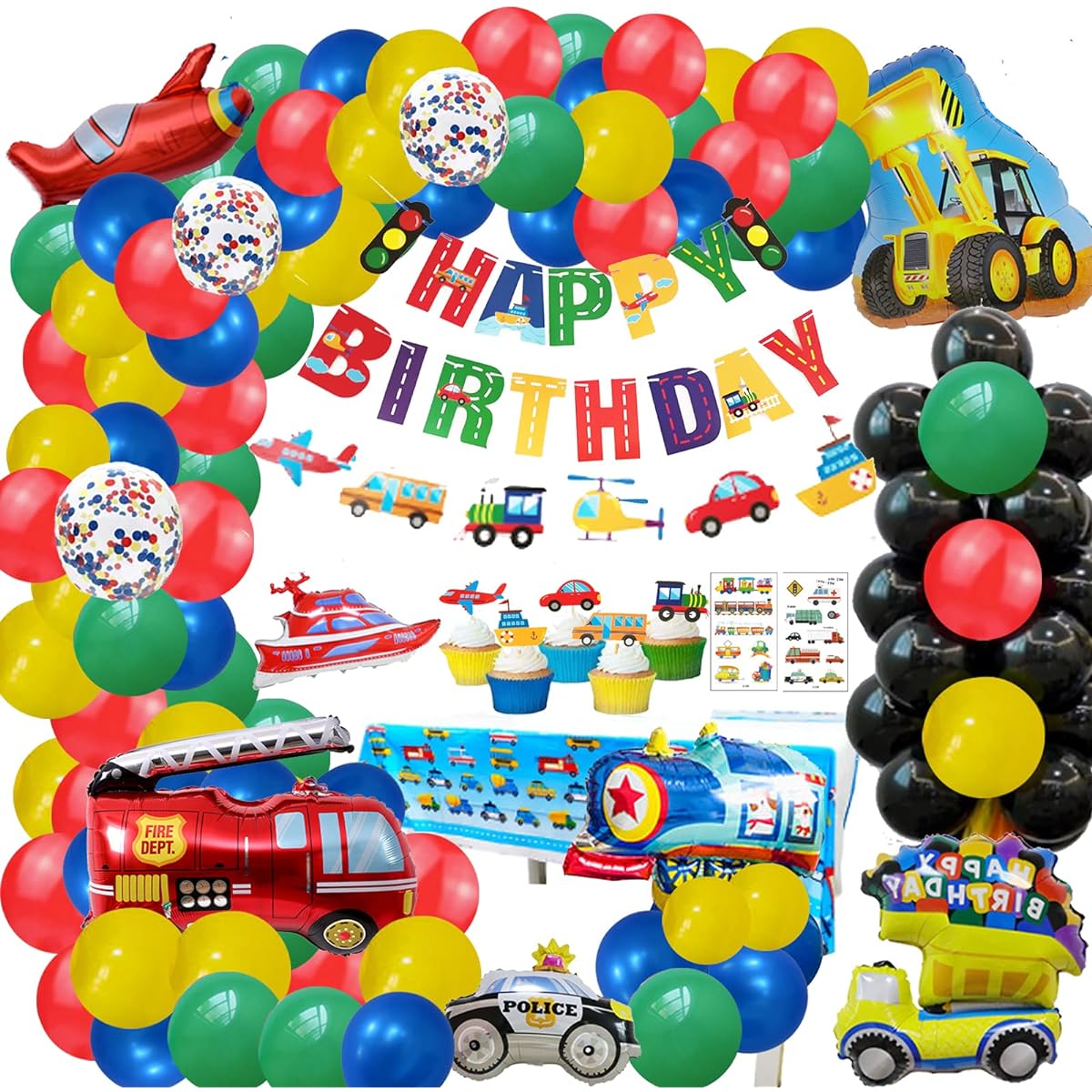 Birthday Balloons, Luxury Balloons for Boys Birthday Party Decorations Set Transport Vehicle Foil Balloons Airplane Train Police Car Bus Yacht Fire Truck Happy Birthday Balloons, Cake Heads for Kids 1-2-3