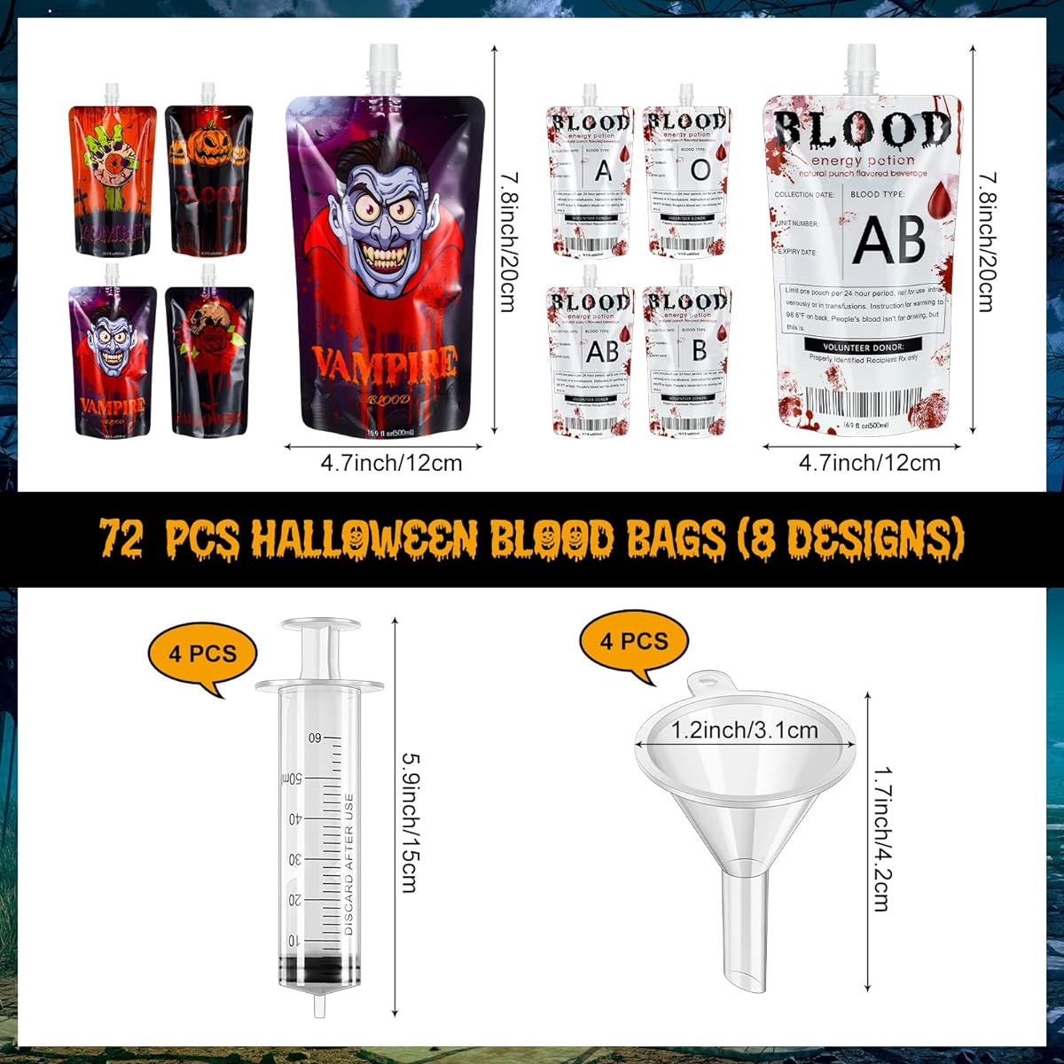 80pcs Halloween Blood Bags Party Supplies, 72pcs Halloween Drink Pouches, Halloween Party Cups Drink Containers with 4 Syringes and 4 Mini Funnels for Halloween Party Vampire Zombie Costume Props