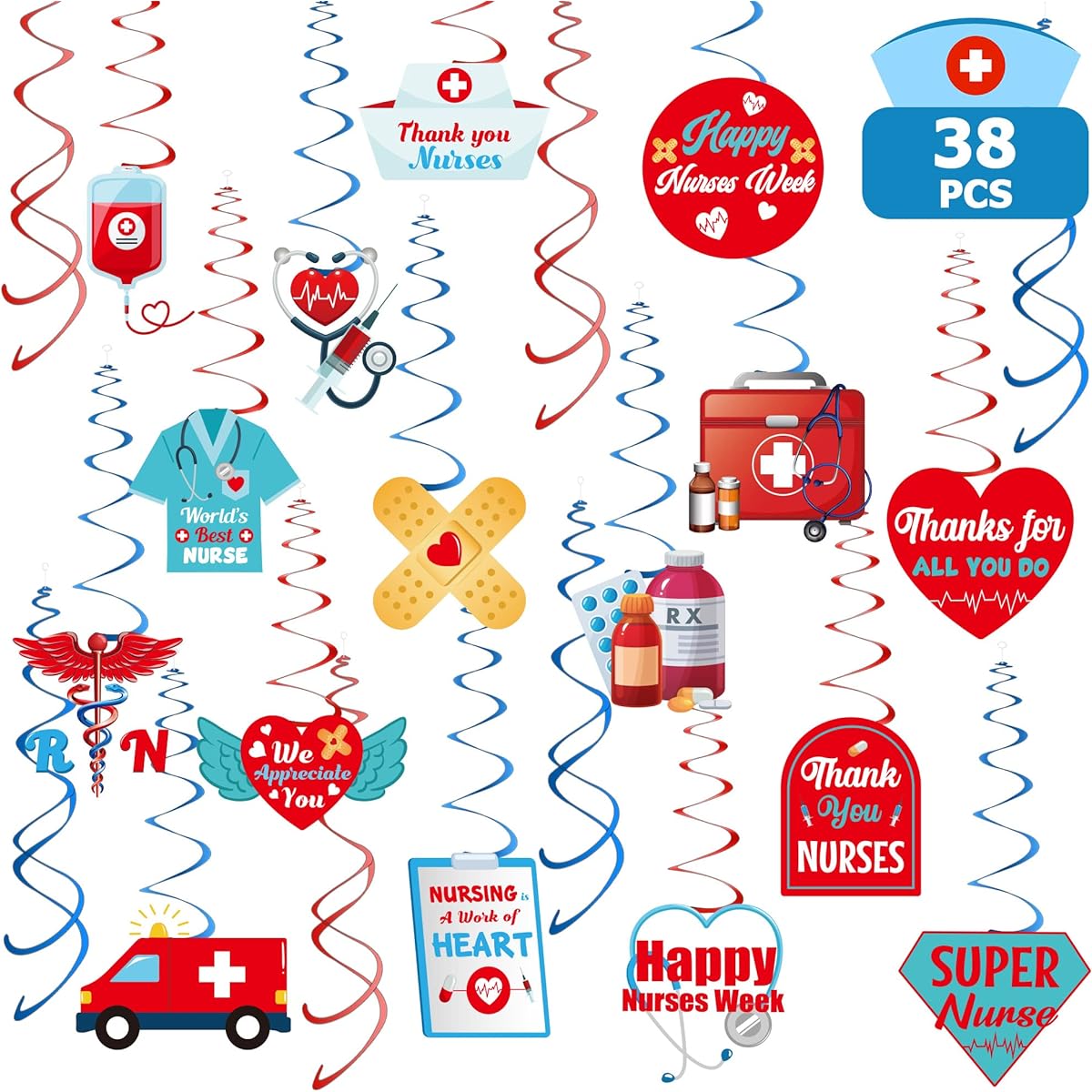Nurse Week Decorations 38 Pieces Nurse Hanging Swirl Decorations 2023 Blue Red Swirl School RN Nurse Graduation Decoration Happy Nurse Week Appreciation Swirl Nursing Graduation Party Supplies