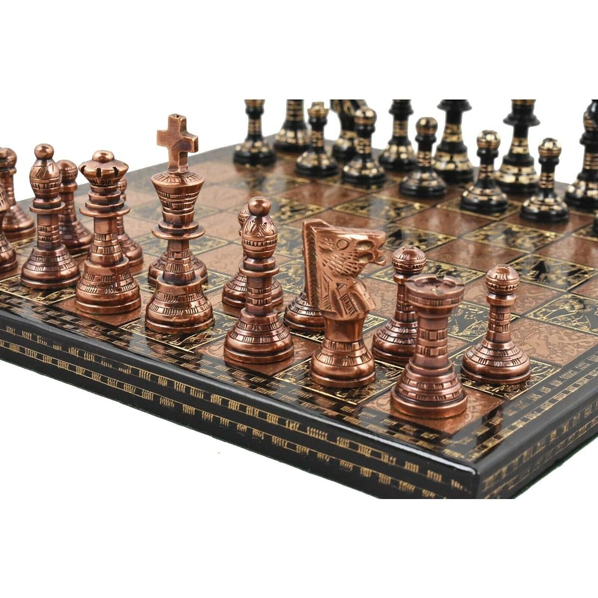 Royal Chess Mall - 12" Brass Metal Luxury Chess Pieces & Board Set - French Staunton - Copper & Black