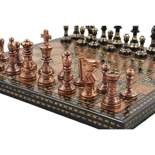 Royal Chess Mall - 12" Brass Metal Luxury Chess Pieces & Board Set - French Staunton - Copper & Black
