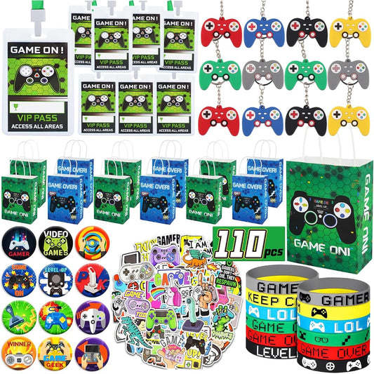 110 Pieces Video Game Party Favors Games Birthday Party Supplies with Goodie Bags VIP Pass Lanyards Bracelets Key Buckle Stickers and More Birthday Party Classroom Prizes Kids Return Gifts