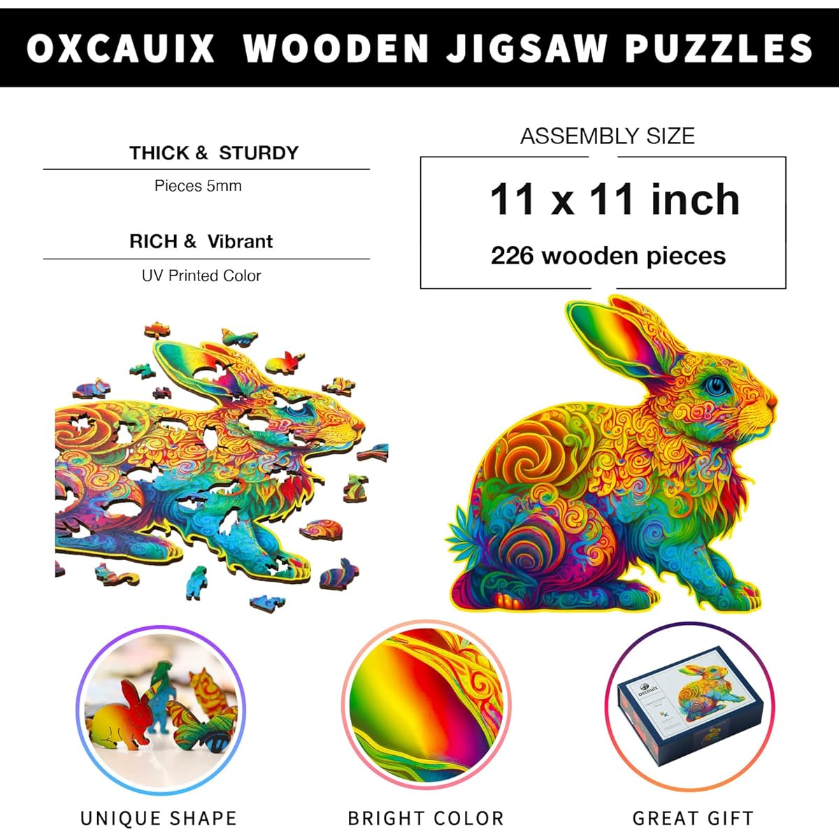 Oxcauix Rabbit Wooden Puzzle for Adults - 226 Piece Uniquely Shaped Bunny Wood Cut Jigsaw Puzzle 11" x 11" Beautiful Gift Packaging