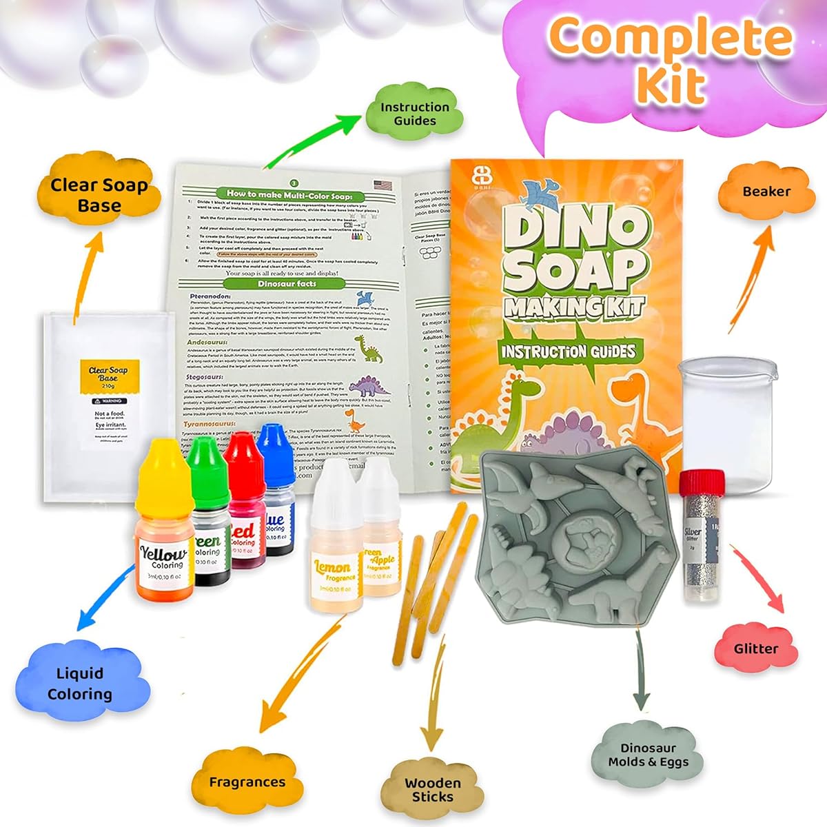 Soap Making Kit for Kids - Dinosaur DIY Soap Making Kit for Ages 6+ - Melt and Pour Soap Kit - STEM Activity Craft with Reusable Molds