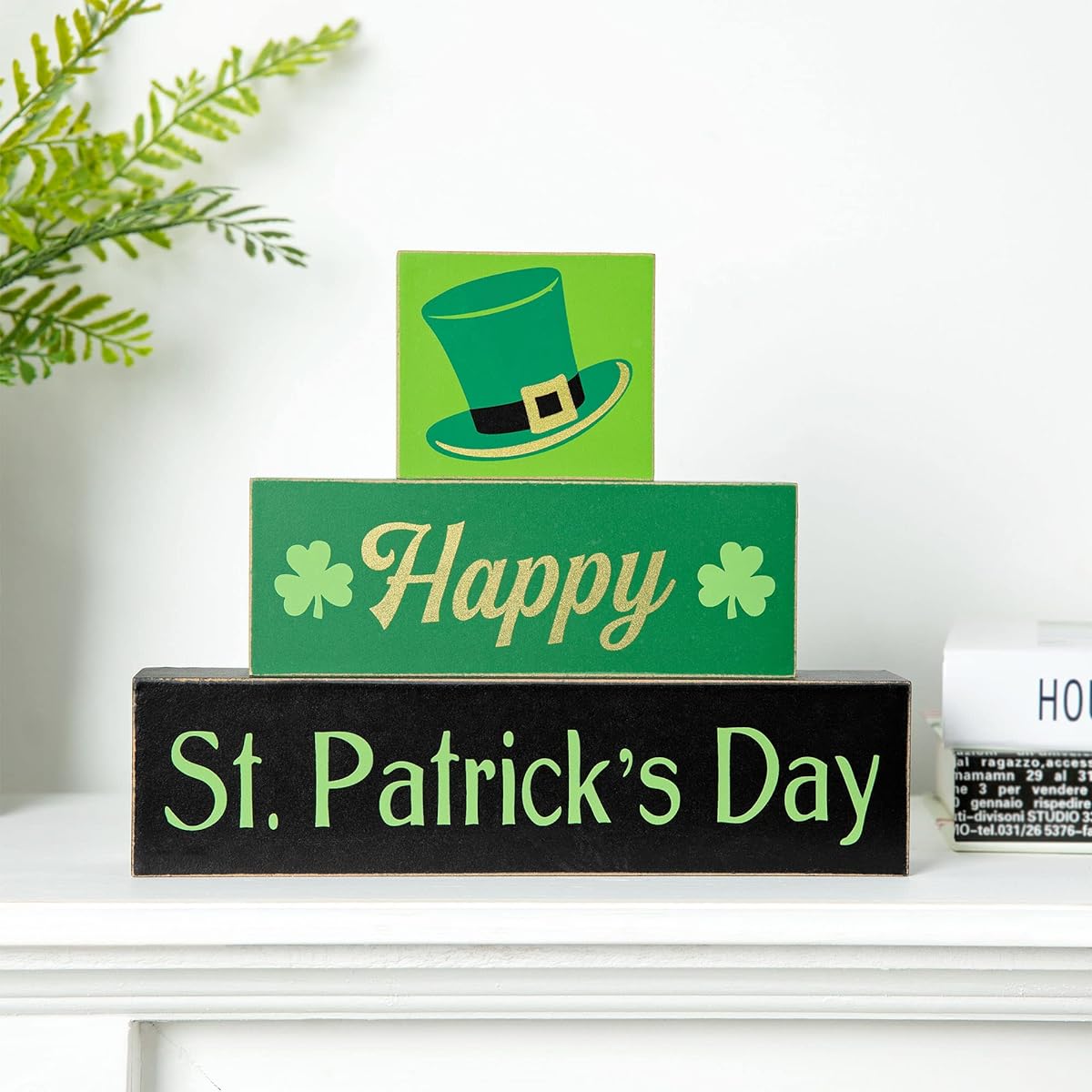 Glitzhome St. Patrick's Day Wood Block 7.5" Tall Happy St. Patrick's Day Wood Sign Farmhouse Wood Block St. Patrick's Day Table Decor Antique Table Sign Home Decor
